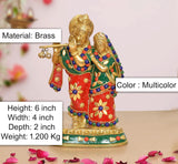 Brass Radha-Krishna idol, multicolor beaded jewelry on red and green attire, standing base