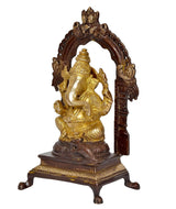 Side view Brass Lord Ganesha idol, seated posture with arched ornament frame