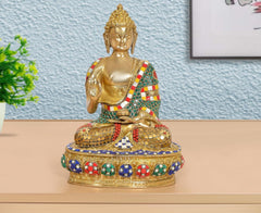 Brass Abhaya Mudra Buddha idol, seated, multicolor jeweled robe, gold tone