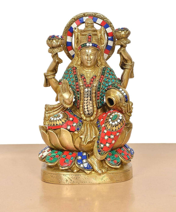 Brass Lakshmi Idol with Pot of Money (Height: 12.5 Inch) Entryway Setting