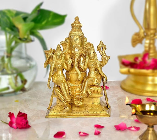 Brass Lord Ganesha with Riddhi Siddhi Idol Statue Murti, Height : 7 inch (Gold)