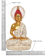 Resin Buddha idol dimensions: 11 in height, 6.5 in width, red gem crown
