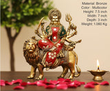 Superfine brass Durga Maa on lion figurine, multicolor embellished attire