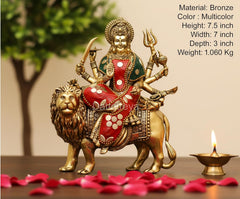 Superfine brass Durga Maa on lion figurine, multicolor embellished attire