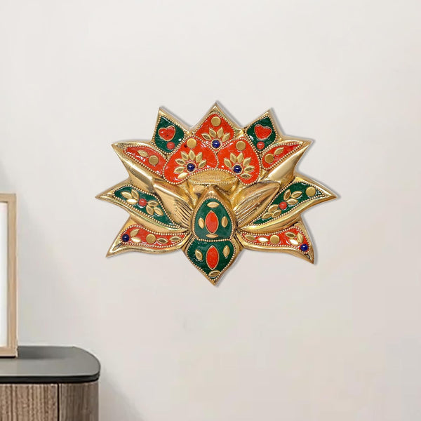 Brass Lotus Flower Wall Hanging |for Home Decor Wall Decor Stone Decorations| (Height 5 Inch) (Multicolor Lotus Flower)