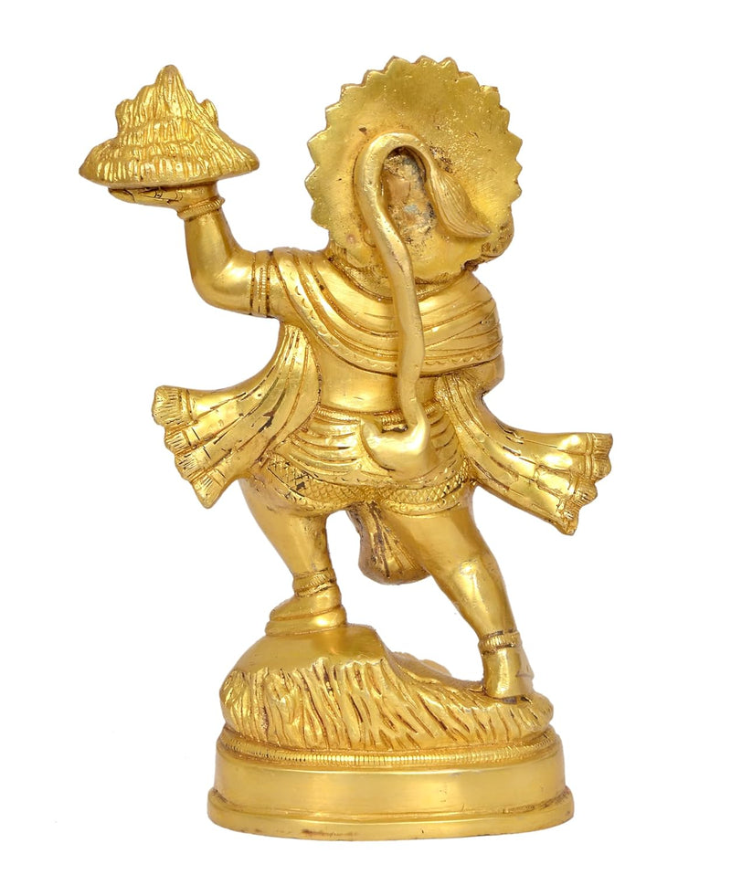 Brass Hanuman JI with Mountain Statue Idol Sculpture Statue Home Decor (Height: 9.5 Inch)