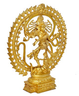 Brass Natraj idol statue with circular halo and Shiva figure in dancing pose