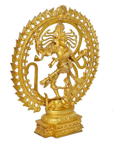Brass Natraj idol statue with circular halo and Shiva figure in dancing pose