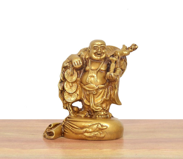 Brass Laughing Buddha Standing Statue Happy Man for Good Luck (Height :6 inch) Study Setting