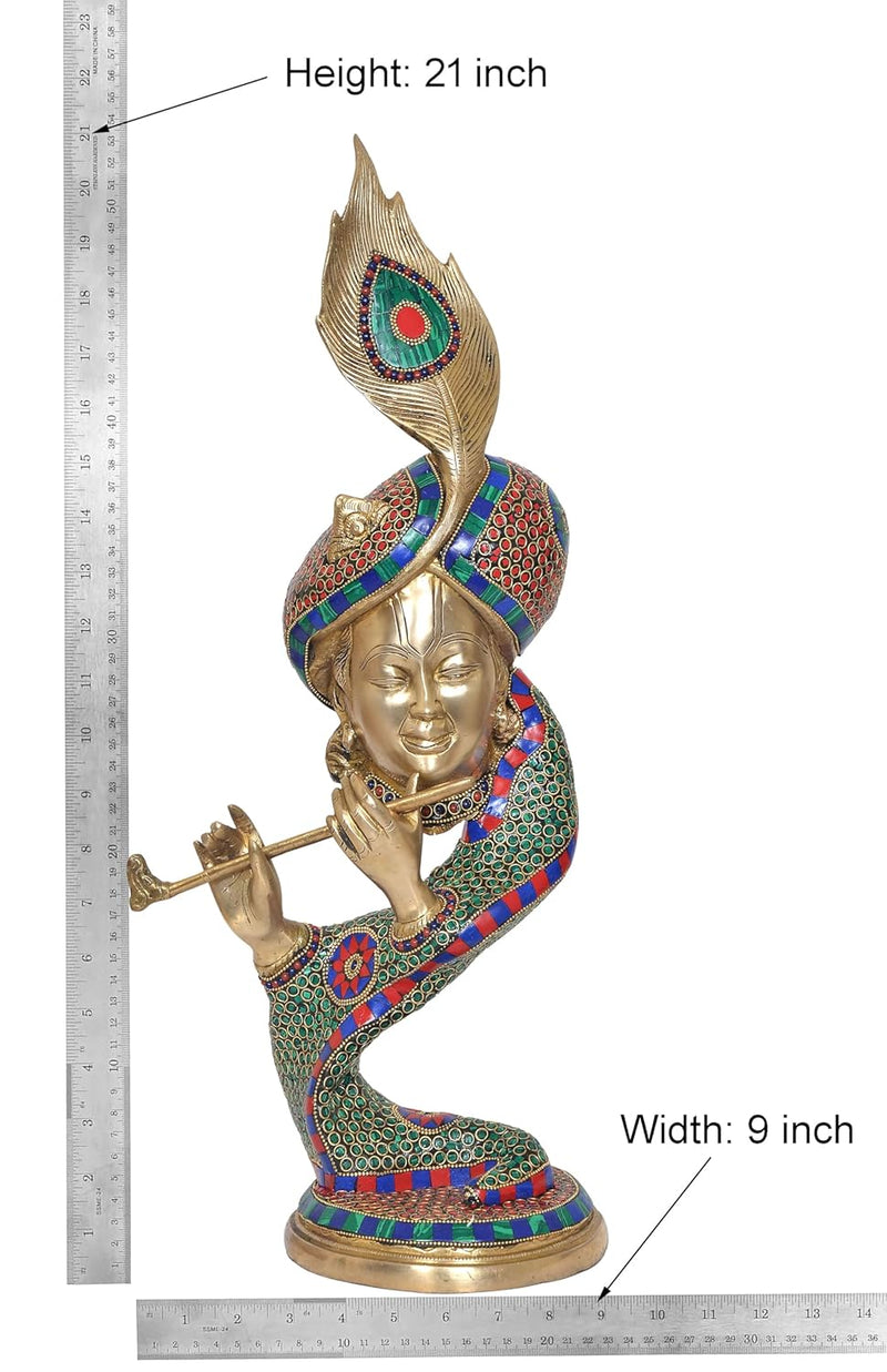 Brass Krishna Playing Flute with Peacock Mukut Idol Statue Sculpture for Home Mandir Pooja Decor Temple Gift (Height 21 inch)