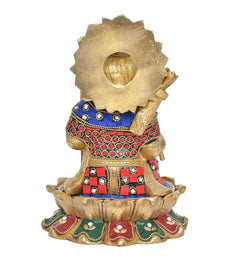 Murti de bronce Ram Lalla sentado, vista trasera con adorno circular en el respaldo
