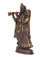 Brass Radha Krishna idol statue side view, raised flute, detailed robes and base