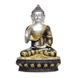 Brass Buddha idol (silver) seated with gold robe and hands in meditation