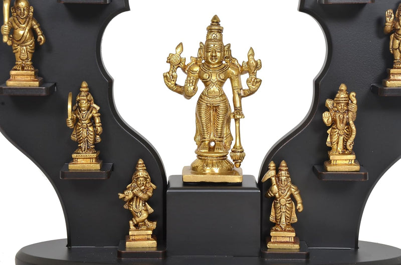 Intricate Brass Dashavatara: Lord Vishnu's Ten Avatars Idol with Wooden Frame | 14" Hindu Collectible Art