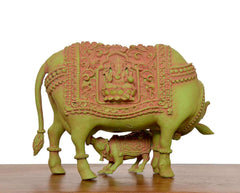 Brass cow and calf figurine with Lakshmi panel, rounded tail and side ornaments