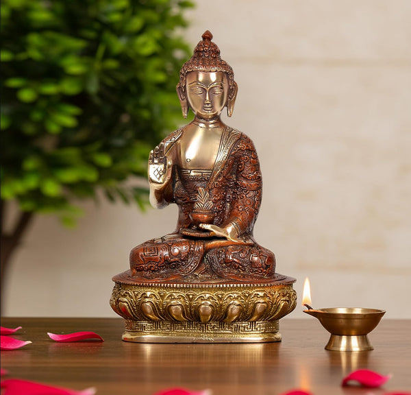 Brass Standing Buddha Abhaya Mudra Idol (Height: 10 Inch)