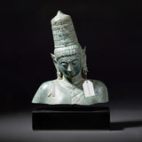 Vintage Parvati bust statue, bronze with ornate headdress and serene face