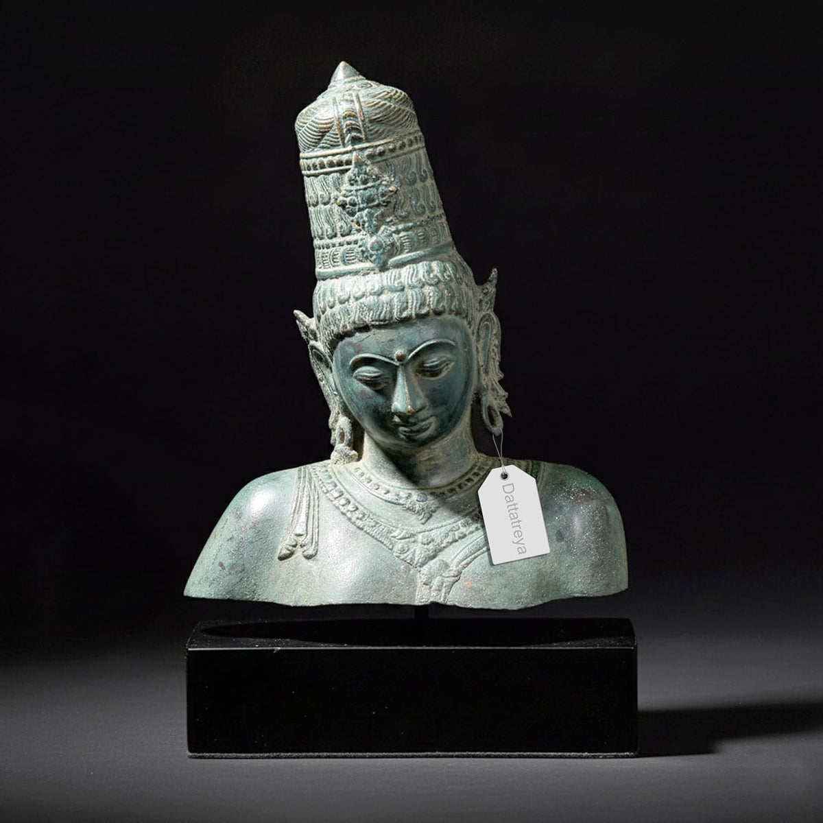 Vintage Parvati bust statue, bronze with ornate headdress and serene face