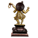 Dancing four-hand Ganesha brass statue, 12 in, holding jeweled disk fan, dark base
