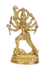 Brass Kali Maa deity statue with raised arms and circular halo, detailed figure