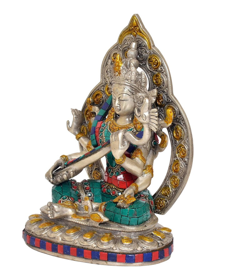 Brass Tara Devi Statue Goddess Saraswati in Nepalese Style for Home Decor and Office, Thoughtful Spiritual Gift. (Height 9 Inch)