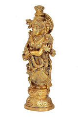 Brass Radha idol statue side profile, elaborate crown, arms crossed, golden brass
