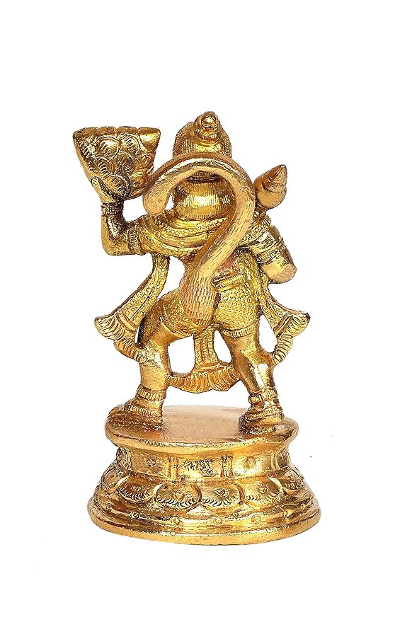 Hanuman with Sanjeevani Hand Pack of 1 Statue Statement Pieces Decor in Brass Height 4.5 Inches