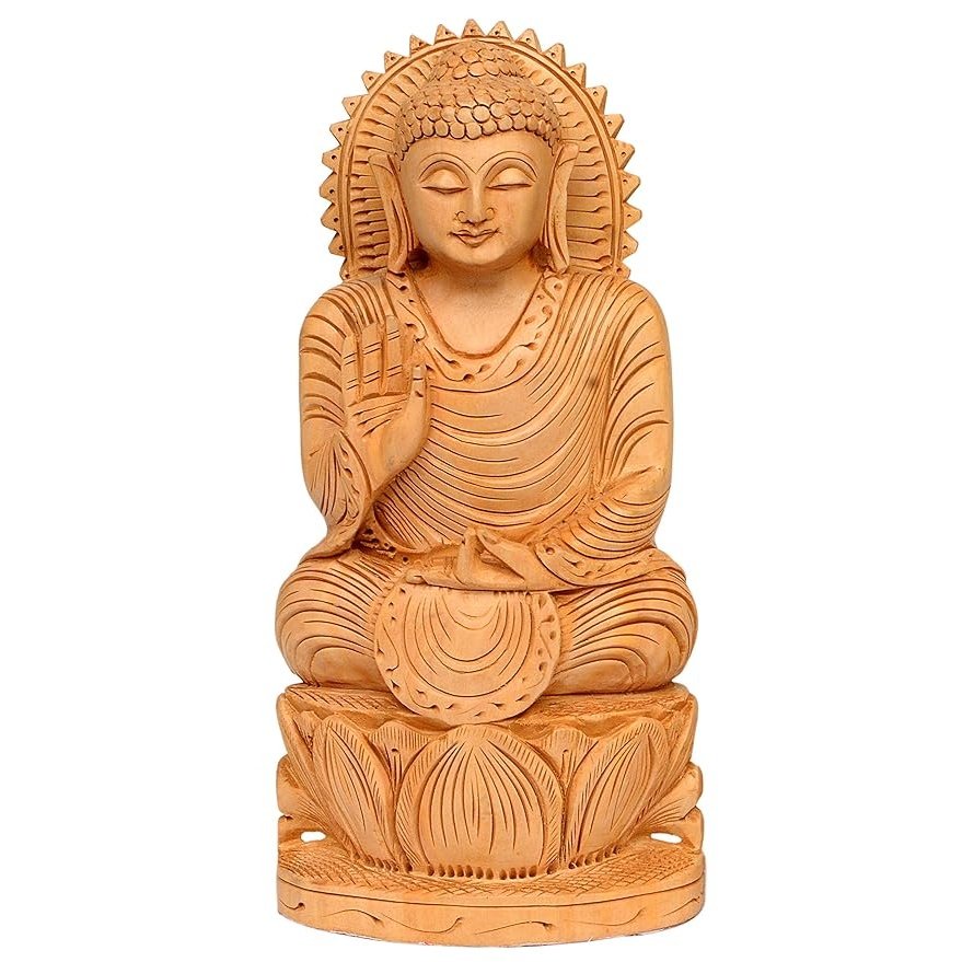 Brown carved wooden seated Buddha on lotus base, blessing hand