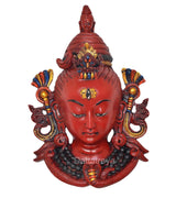 Red Shiva head wall hanging mask, front view, blue-gold crown deity and central emblem