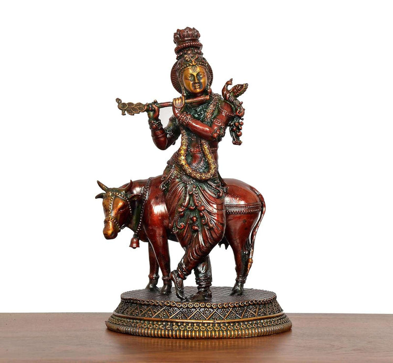 Bronze Standing Krishna with Cow Idol (Height 6.5 Inch)
