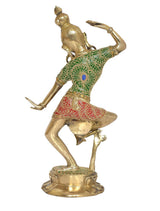 Brass dancing Shiva Parvati statue from side, green sari with jeweled patterns, red skirt