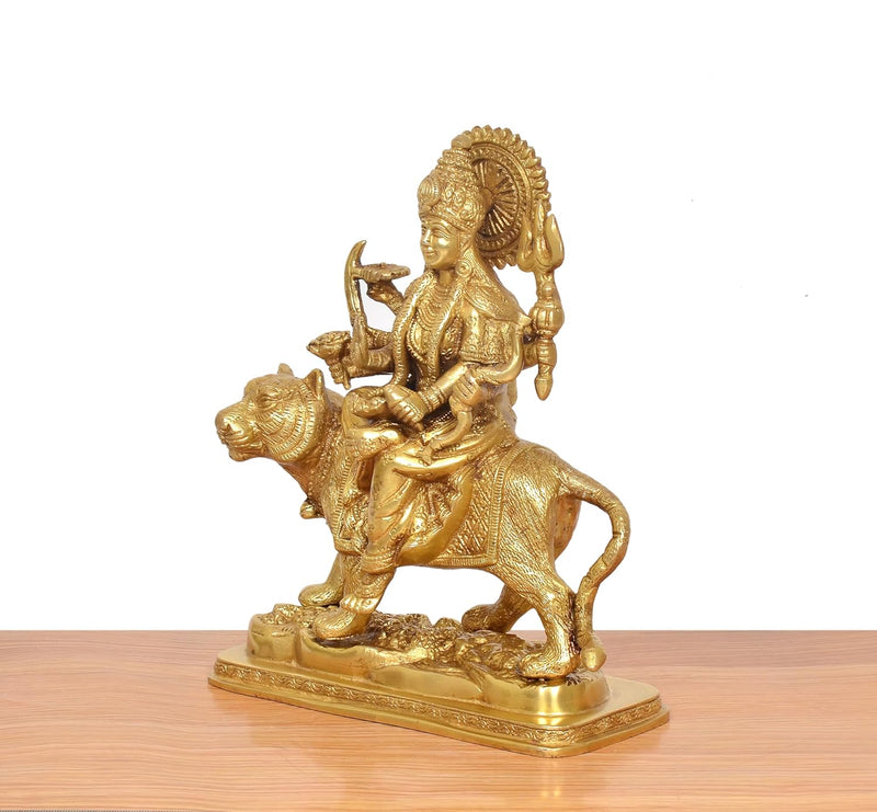 Brass Durga Maa with Lion Statue (Height 10 Inch)