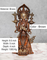 Brass Tara Devi statue, brown finish; seated figure with arched halo, 9.5 in