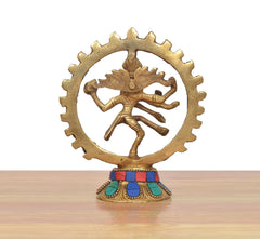 Brass Natraj Lord Shiva idol back angle, multicolor halo and decorated base