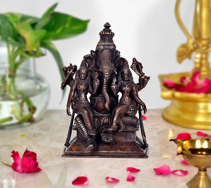 Brown brass Ganesha with Riddhi Siddhi idol statue, 7 in, front view