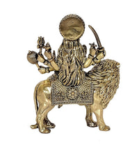 Durga Maa brass idol on lion, rear view showing engraved textures