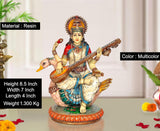 Resin Saraswati idol, multicolor, seated veena player, 8.5 inch