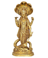 Brass Vishnu idol standing with raised hands, Sheshanaag coiled on base