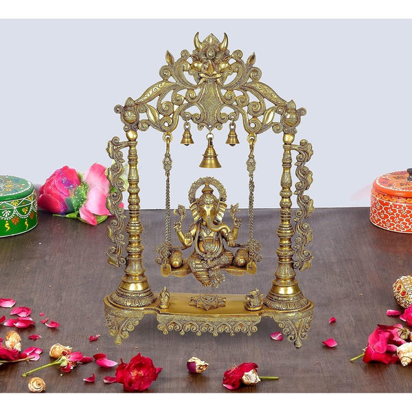 Brass Ganesha Swing Statue Idol with Bells for Home Decor | Height : 27 Inches | Weight : 17 KG (Golden)