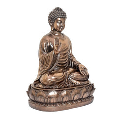 Resin Buddha idol (35 in), seated meditation, raised right hand, sculpted robe folds