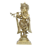 Brass Krishna idol statue, 13 inch, standing with flute and ornate crown