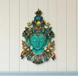 Green Tara wall hanging mask statue, ornate blue-gold headdress and halo details
