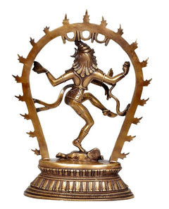 Brass Natraj Lord Shiva statue, angled view showing coiled snake tail, 12 inch
