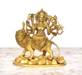Golden brass Durga Maa statue with multi-armed pose and lion, 9 inch