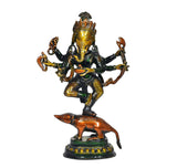 Dancing Ganesha idol in brass with six arms, golden head and dark green torso, mouse mount