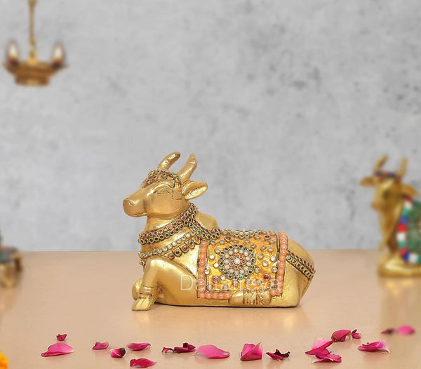 Handcrafted Brass Nandi Idol Divine Home Decor With Meenakari Work& Pooja Item (Height 4 Inch)