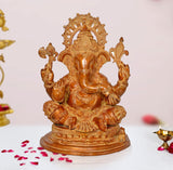 Brass Big Ganesha statue, seated with four arms and ornate halo, 19 inch