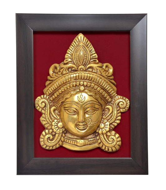 Brass Maa Durga Face Mask with Fram Idol Wall Hanging Good Luck for Temple Home Door Mandir and Office (Height 9.5 Inch)