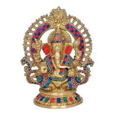 Gold-toned Ganesha statue with beaded trim, multicolor accents, wide decorative arch