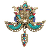 Brass Ganesha wall hanging with turquoise, red and blue mosaic details, 11 in tall